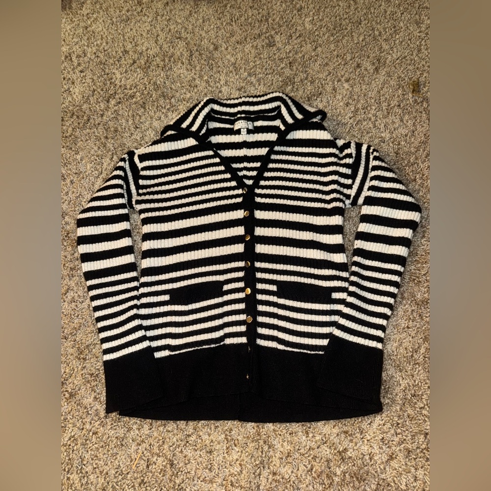 Striped Black and White Button up Sweater with Collar